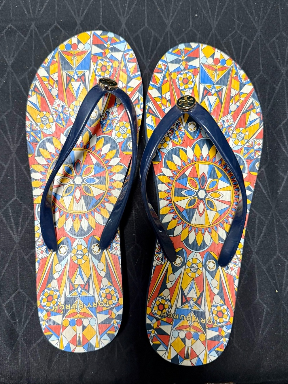Tory Burch Multicolor Geometric Flip Flops with Navy Straps